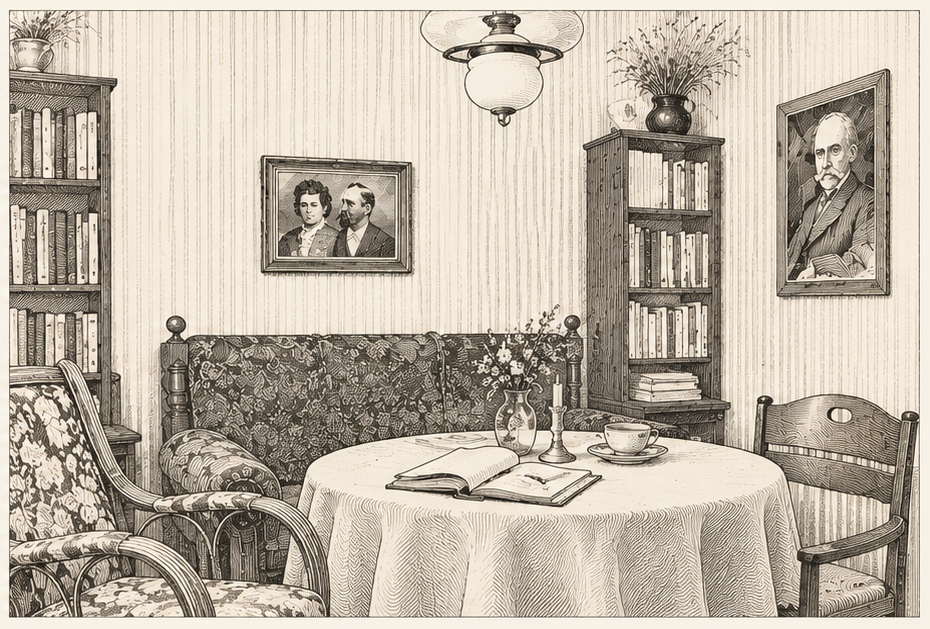 Illustration des historischen Freudenthal-Zimmers mit Büchern und Porträts